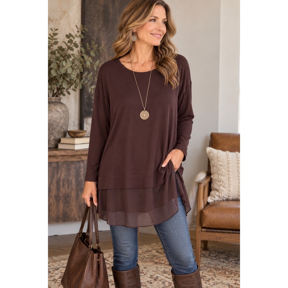 Eileen Fisher Brown Silk Tunic Top Sheer Layered Hem Long Sleeve Blouse M